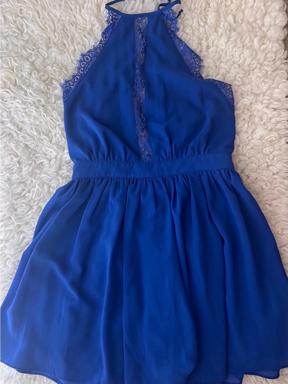 Mustard Seed Royal Blue Halter Lace-Trim Mini Dress
